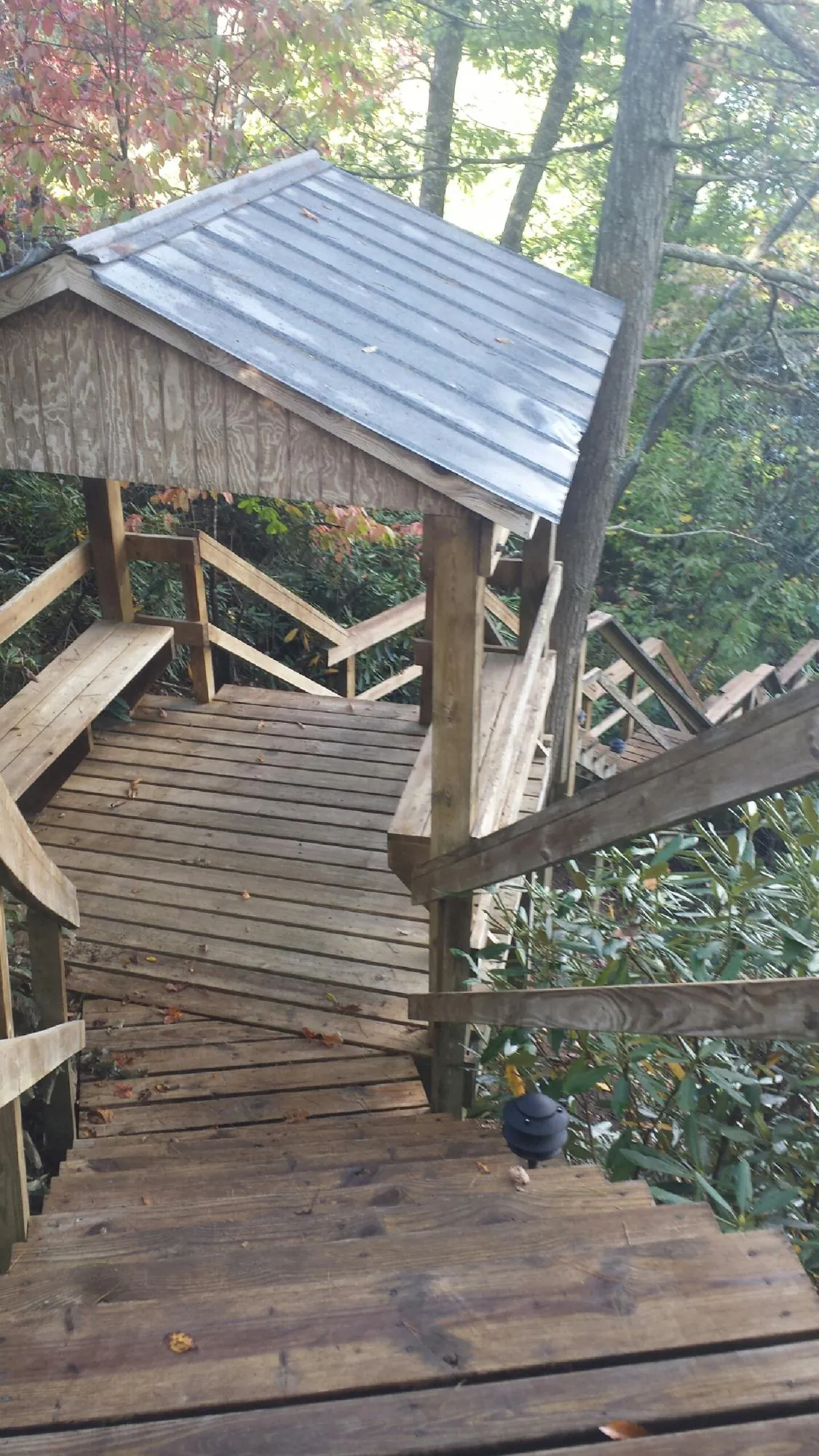 Metal roofed shelter over wooden steps on a wooded walkway — Skylight Repair & Installation work by our crew in Bells